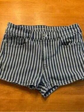 Blue and white striped denim shorts
